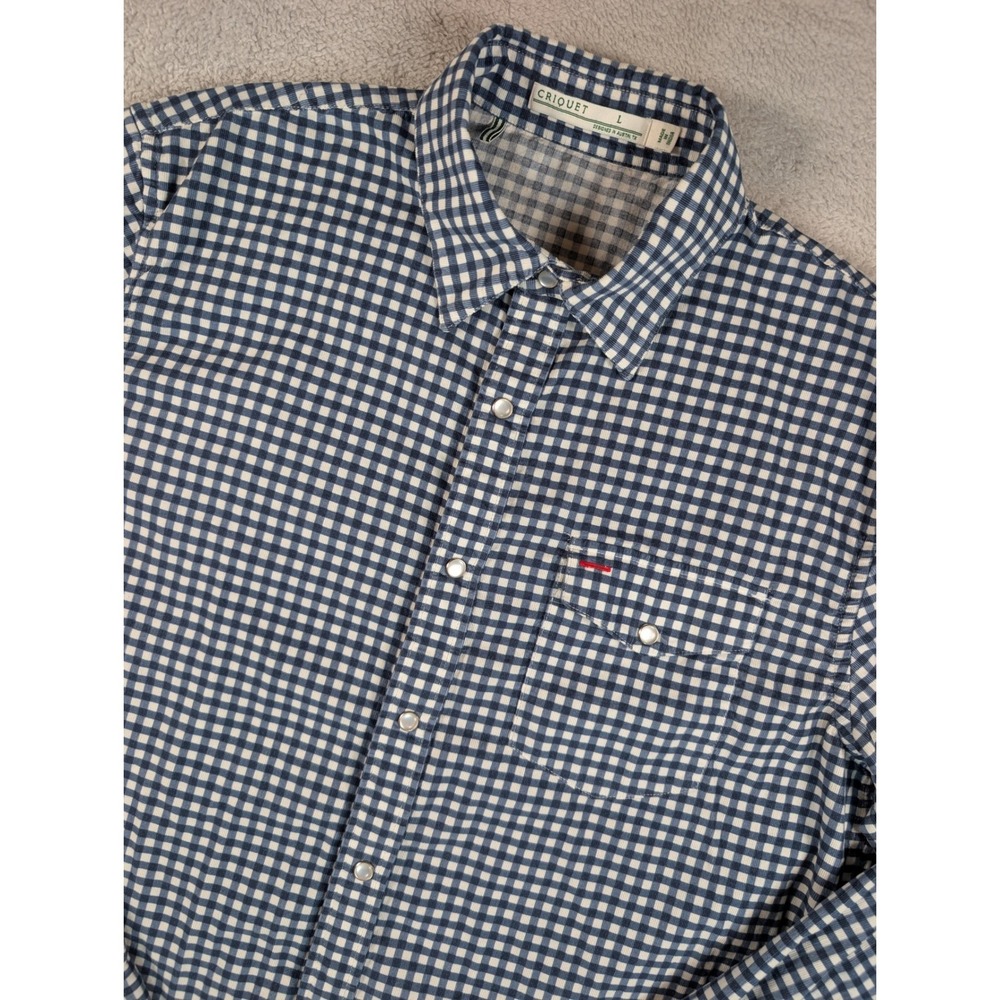 Criquet Mens Large Navy White Gingham Plaid Long Sleeve Snap Pearl Button Shirt‎
